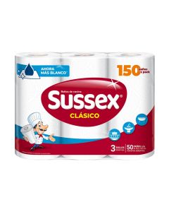 SUSSEX ROLLO DE COCINA CLASICO NUEVO MAS BLANCO 50 PAÑOS X 3 UNI