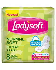 LADYSOFT TELA SUAVE C/ALAS NORMAL SOFT C/EXTRACTO D/ALGODON X 8 UNI