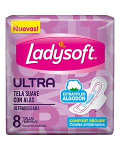 LADYSOFT TOALLA ULTRADELGADA T/SUAVE C/ALAS CONFORT C/EXTRAC D/ALGODON X 8 UNI