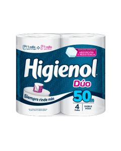 HIGIENOL PAPEL HIGIENICO DUO DOBLE HOJA C/MINI ROLLO P/LLEVAR C/EXTRACTO D/ALOE VERA 4 X 50 MTS