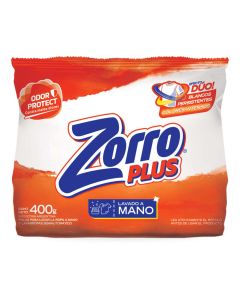 ZORRO PLUS JABON E/POLVO P/ROPA LAVADO A MANO EFECTO DUO X 400 GR