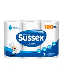 SUSSEX ULTRA ROLLO DE COCINA DOBLE HOJA 60 PAÑOS X 3 UNI