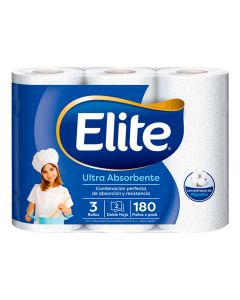 ELITE ROLLO D/COCINA DOBLE HOJA ULTRA ABSORBENTE C/EXTRACTO D/ALGODON 3 X 60 PAÑOS C/U