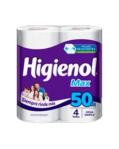HIGIENOL MAX PAPEL HIGIENICO HOJA SIMPLE C/EXTRACTO D/ALOE VERA 4 X 50 MTS
