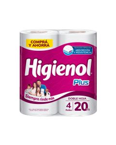HIGIENOL PLUS PAPEL HIGIENICO DOBLE HOJA 4 X 20 MTS