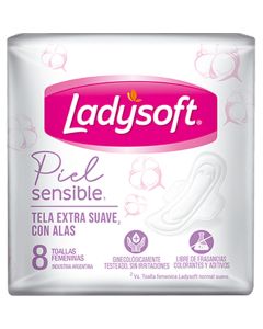 LADYSOFT TOALLAS FEMENINAS PIEL SENSIBLE NORMAL TELA EXTRA SUAVE X 8 UNI