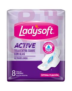 LADYSOFT TOALLAS FEMENINAS ACTIVE ULTRADELGADAS TELA EXTRA SUAVE X 8 UNI