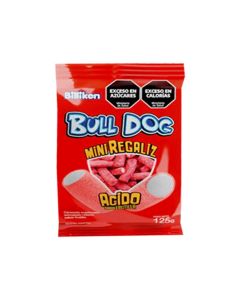BULLDOG MINI REGALIZ  CARAMELO ACIDO MASTICABLE RELLENO S/FRUTILLA X 125 GR